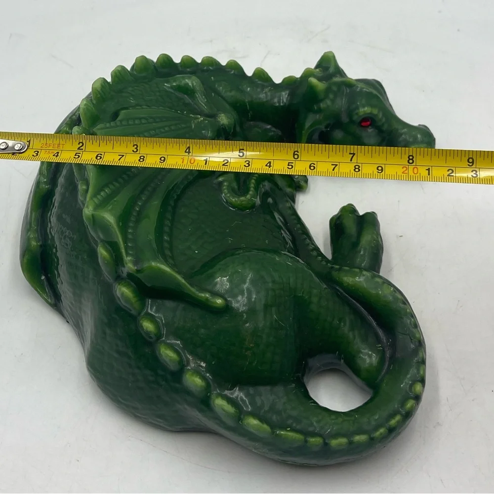 Vintage Unburnt Wax Candle Mythical Green Dragon Shaped Reptile w/Red Glass Eyes